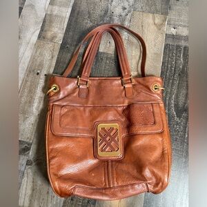 Joelle Hawkens Cognac Leather Tote Bag Gold Logo Hardware Boho Luxe 2000s Purse